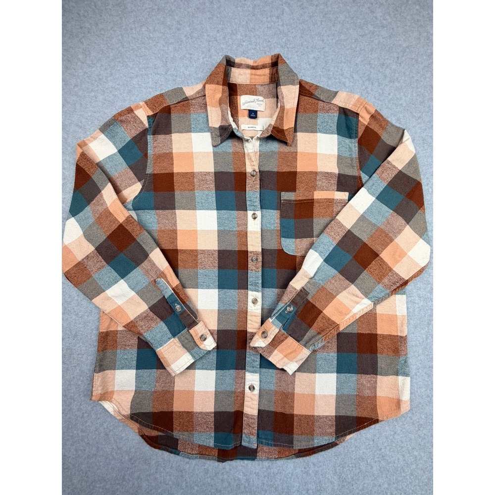 Womens Brown Teal Plaid Flannel Button Down Shirt Relaxed Fit M